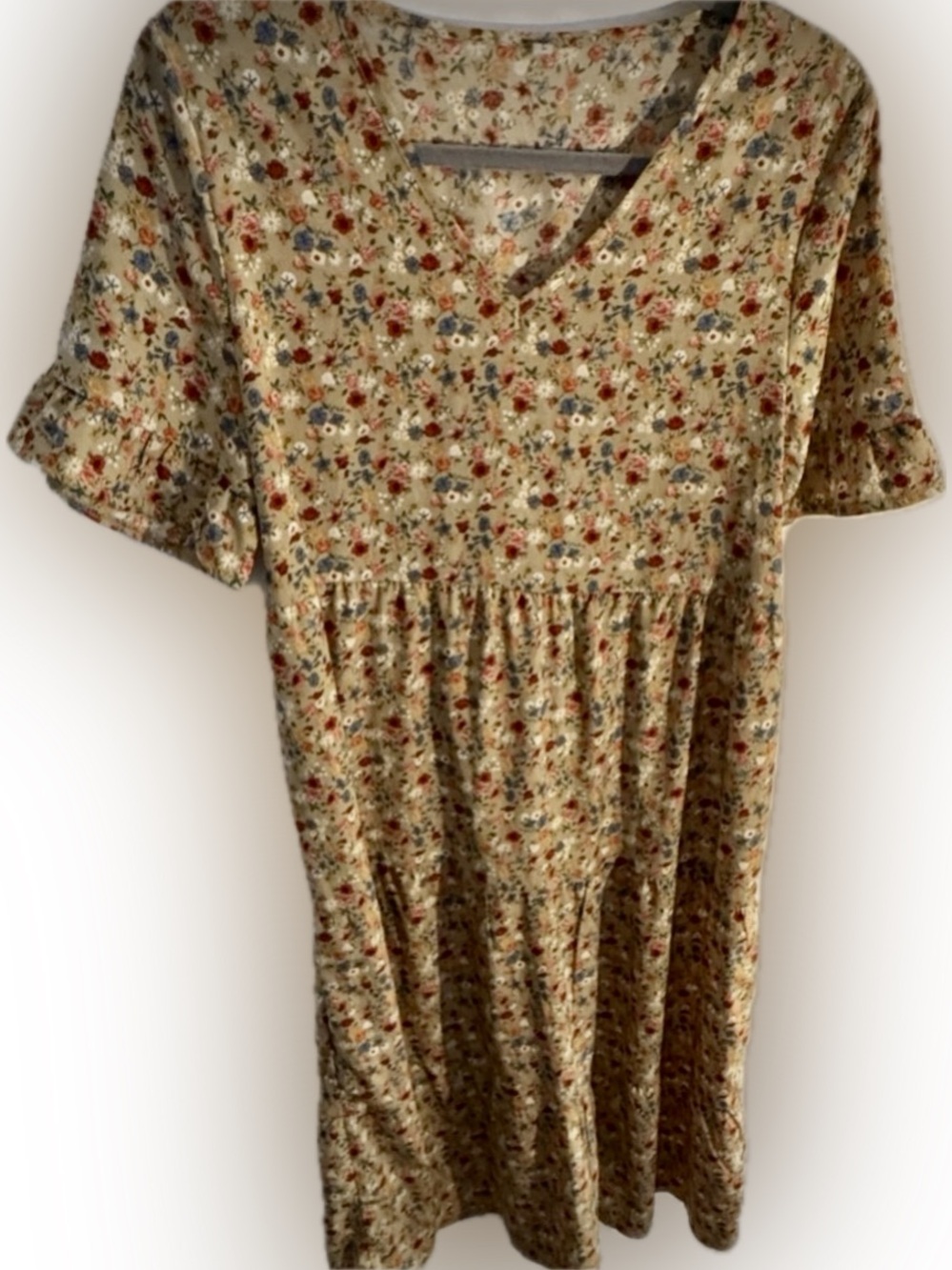 Floral Feminine Babydoll Dress | Tan/Khaki Color w/ Cute Ditsy Print | Size L